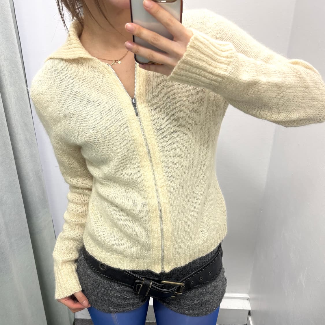 아이보리 모 혼방 니트집업 상품이미지2