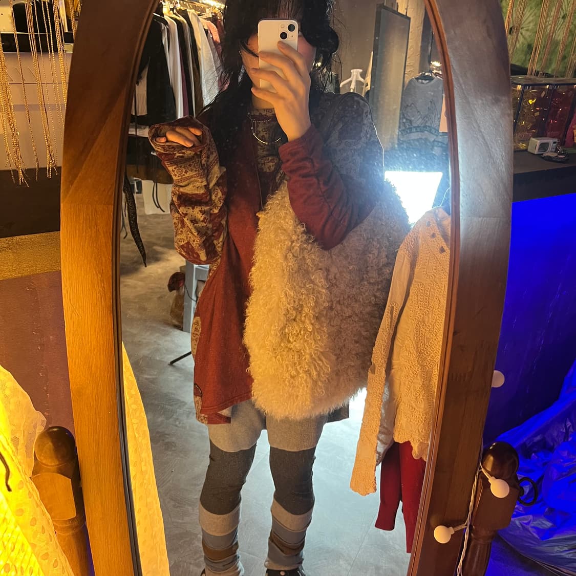 90s 가죽 퍼 도트 백 상품이미지5