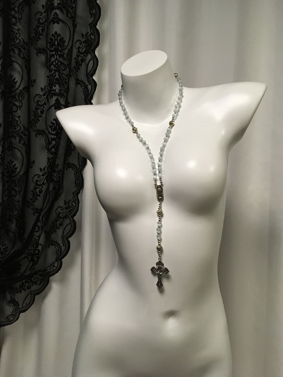 Vintage 핀터레스트 캣츠아이 원석 십자가 로자리오 목걸이 상품이미지7