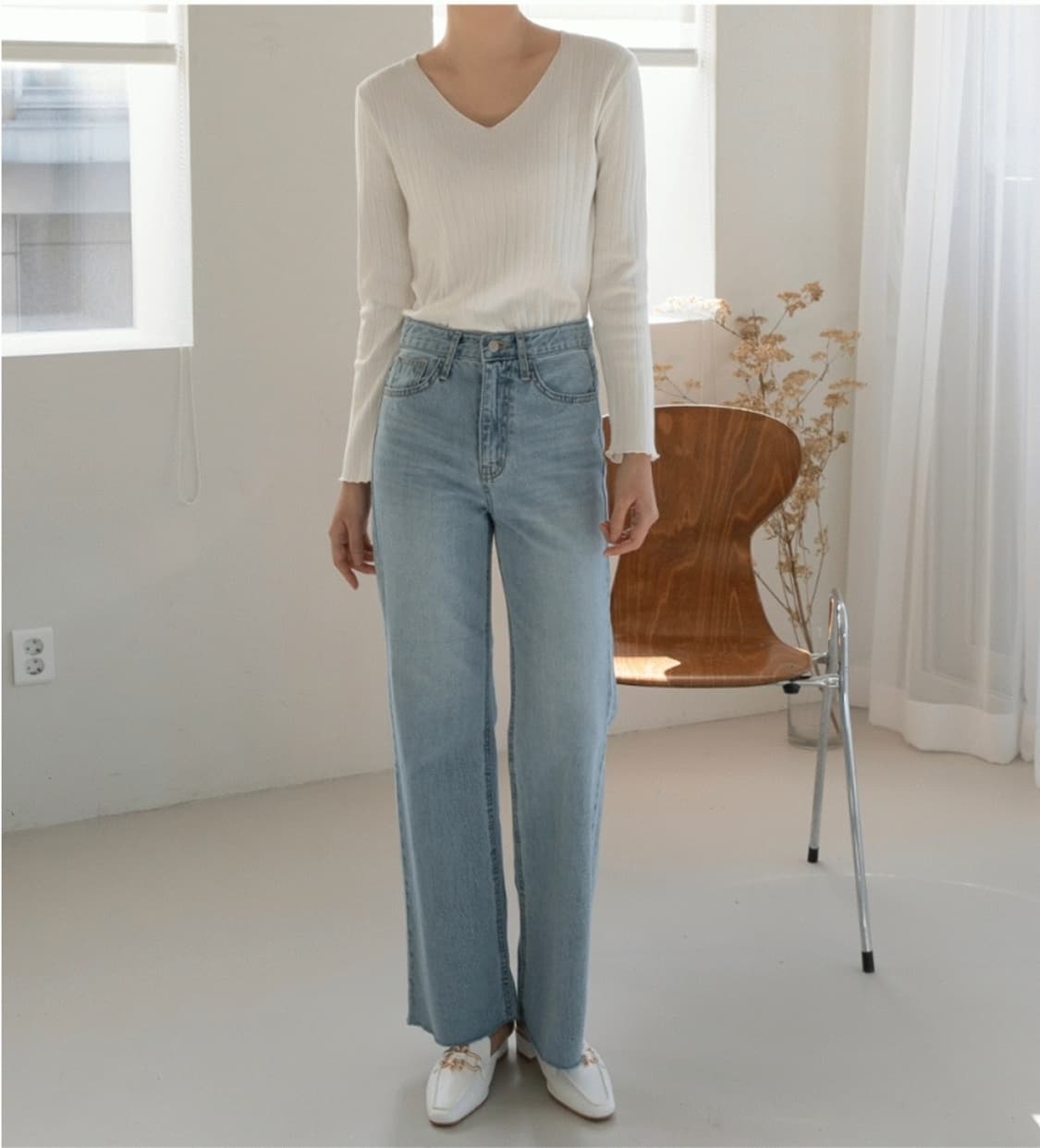 (M)여성 나인 라이트워싱 스트레이트 데님 팬츠 상품이미지1