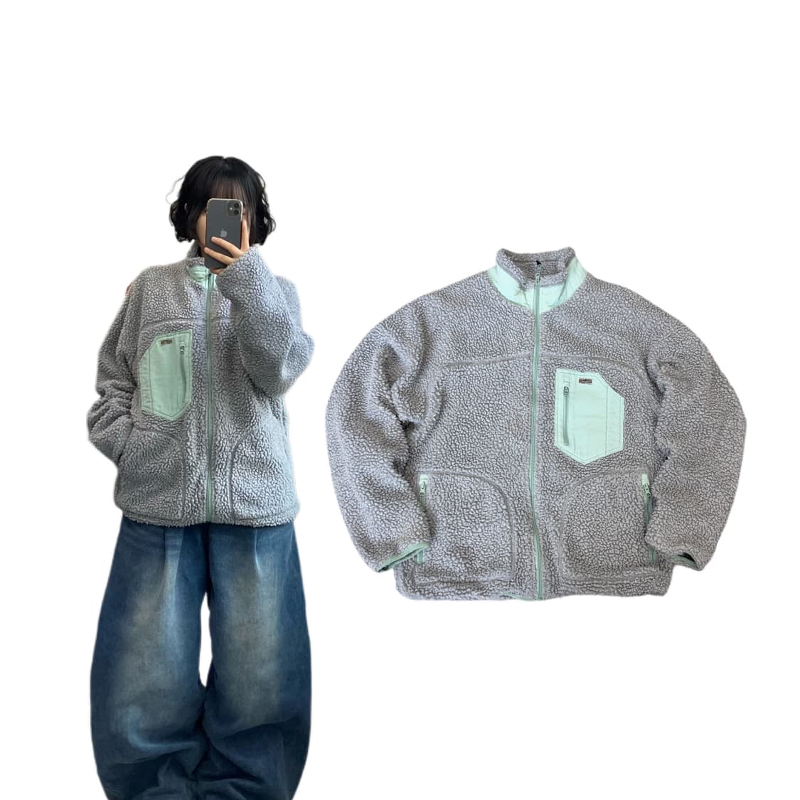 골든베어 민트 그레이 배색 플리스 자켓 상품이미지1