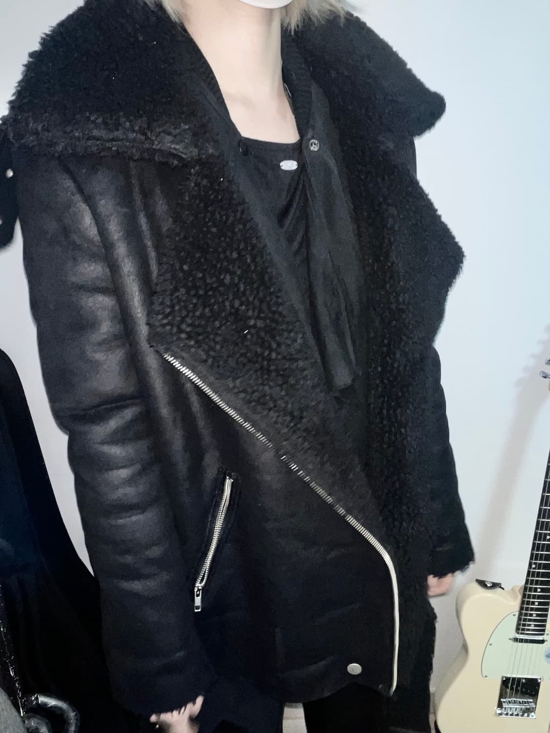 하이넥 벨티드 사선지퍼 시어링 자켓 무스탕 블랙 00s Vkei 락시크 상품이미지4