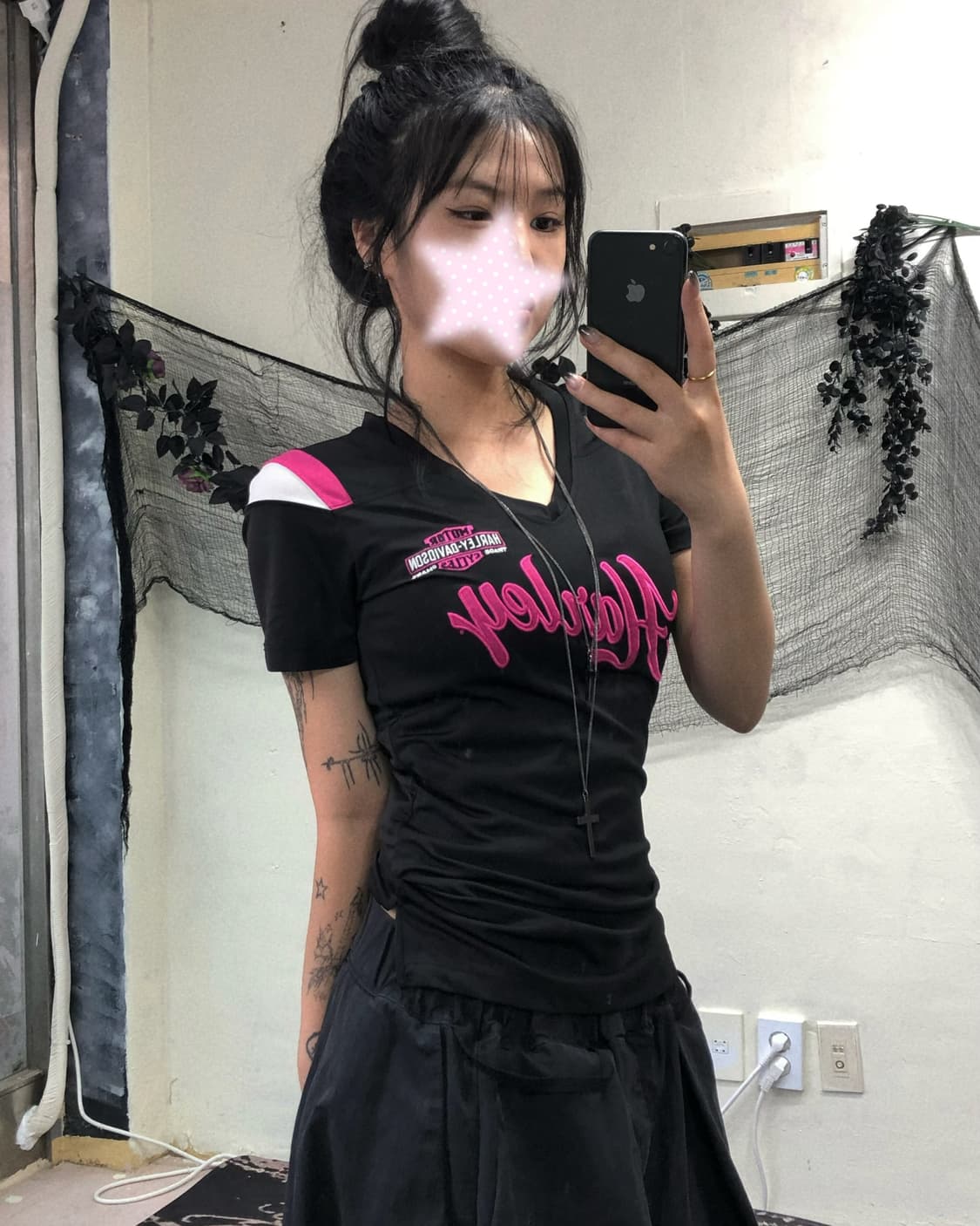 할리데이비슨 블랙 핑크 레터링 반팔 탑 상품이미지2