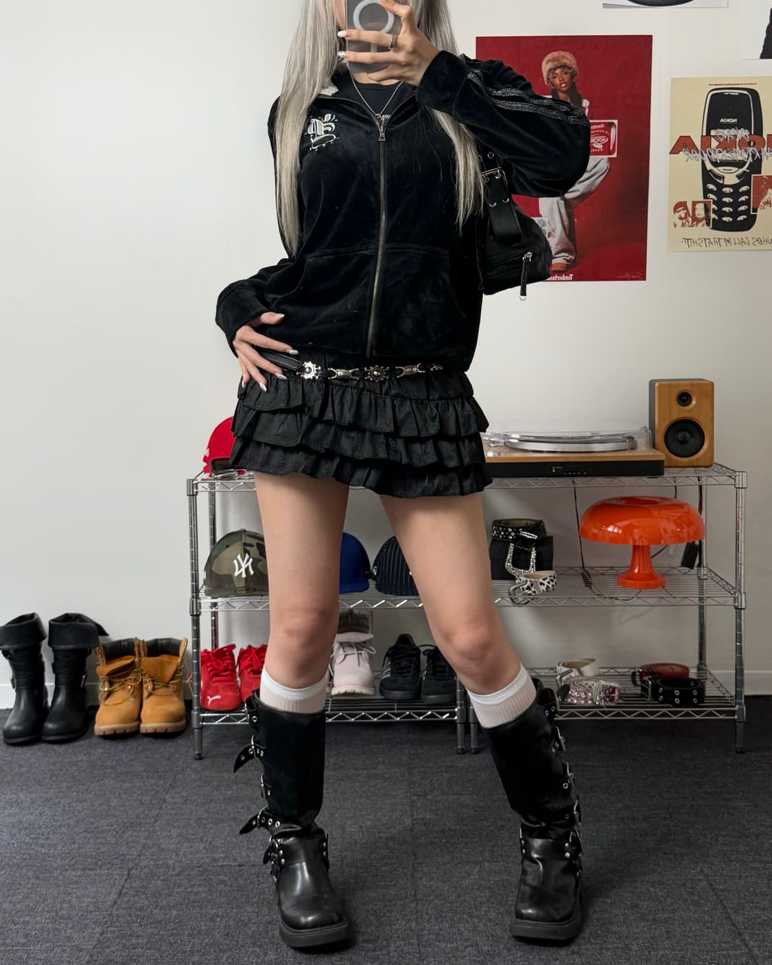 빈티지 Y2K 벨벳 후드집업 블랙 상품이미지3