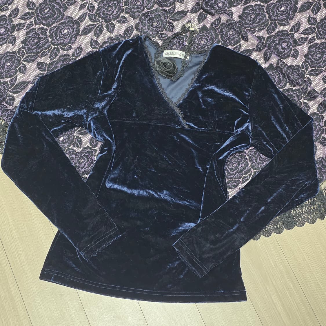 일본빈티지)네이비 고딕로리타st 로맨틱 레이스 벨벳 긴팔블라우스 상품이미지2