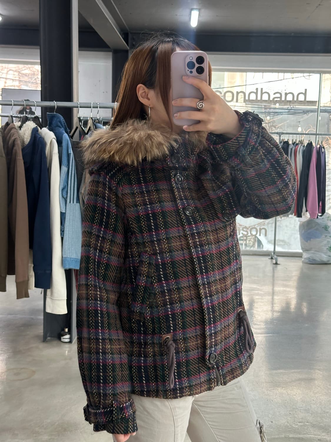 빈티지 갸루 버튼체크 퍼후드 숏코트자켓 상품이미지4