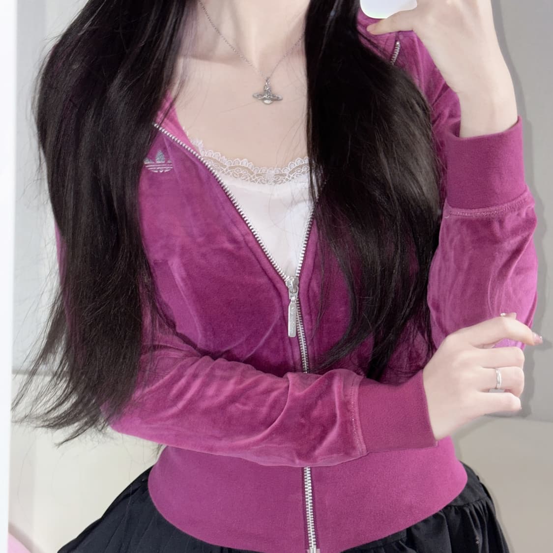 아디다스 벨벳 벨루아 와인 퍼플 핑크 슬림핏 후드집업 85 상품이미지1