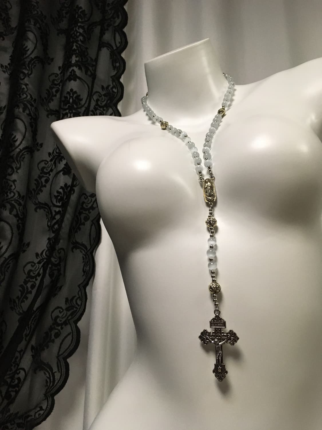 Vintage 핀터레스트 캣츠아이 원석 십자가 로자리오 목걸이 상품이미지3
