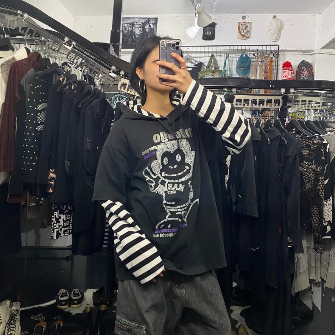 Mbongo 단가라 레이어드 후드티셔츠 상품이미지1