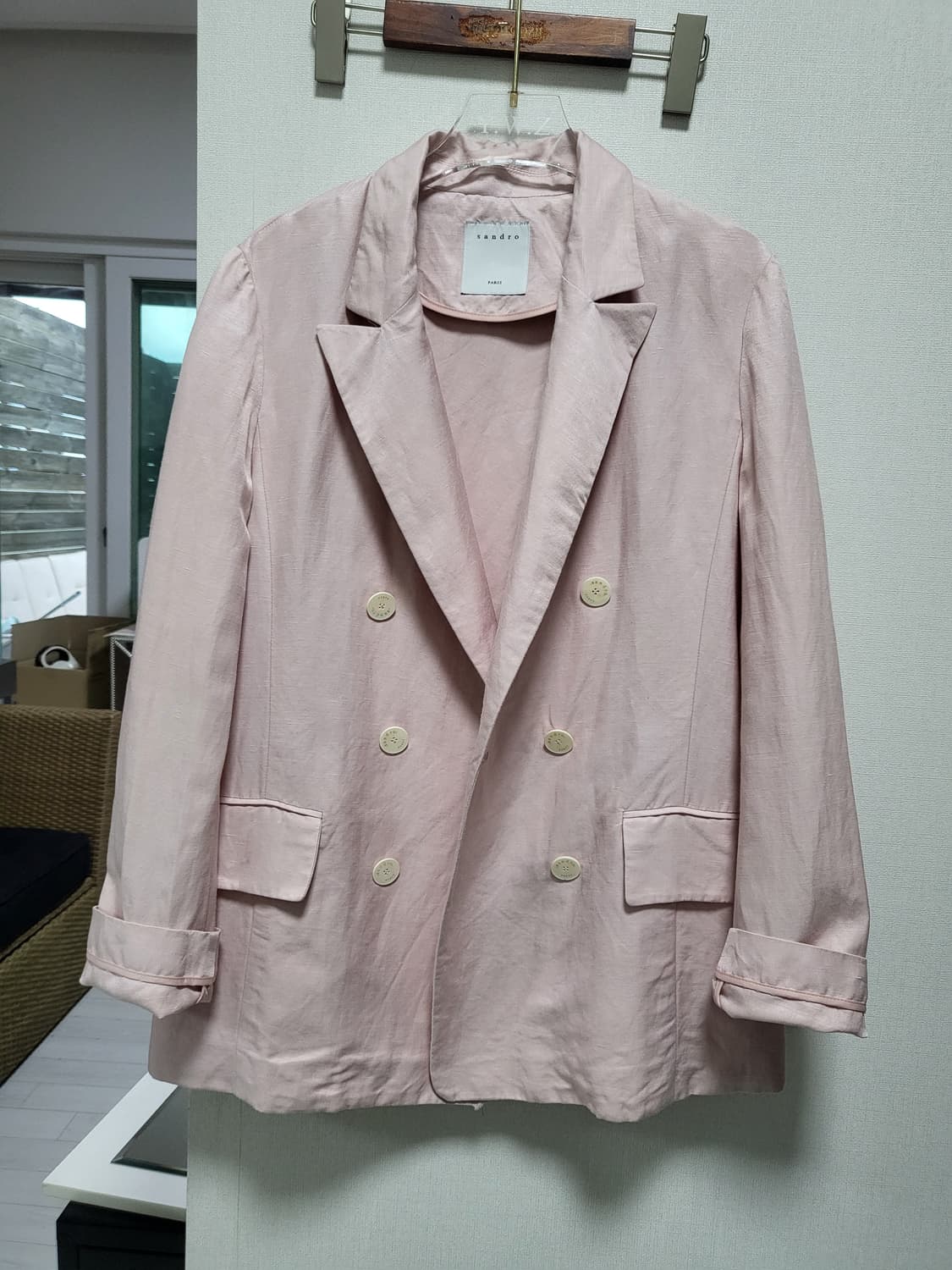 정품 산드로 린넨 딸기우유 핑크 더블 버튼 블레이저 44-66 상품이미지2