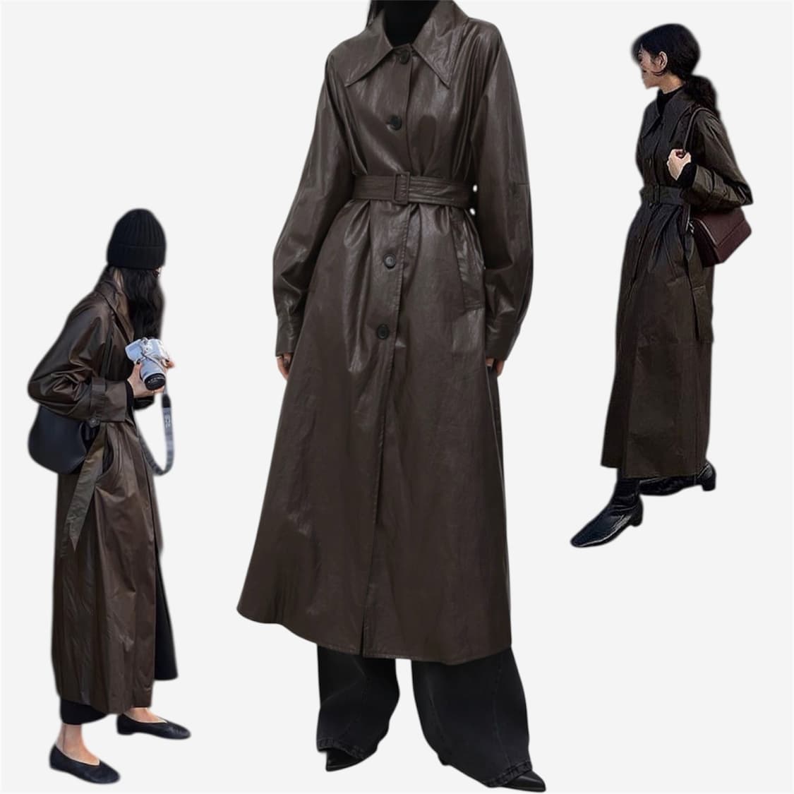 Treemingbird) Leather Long Trench [Brown 상품이미지1