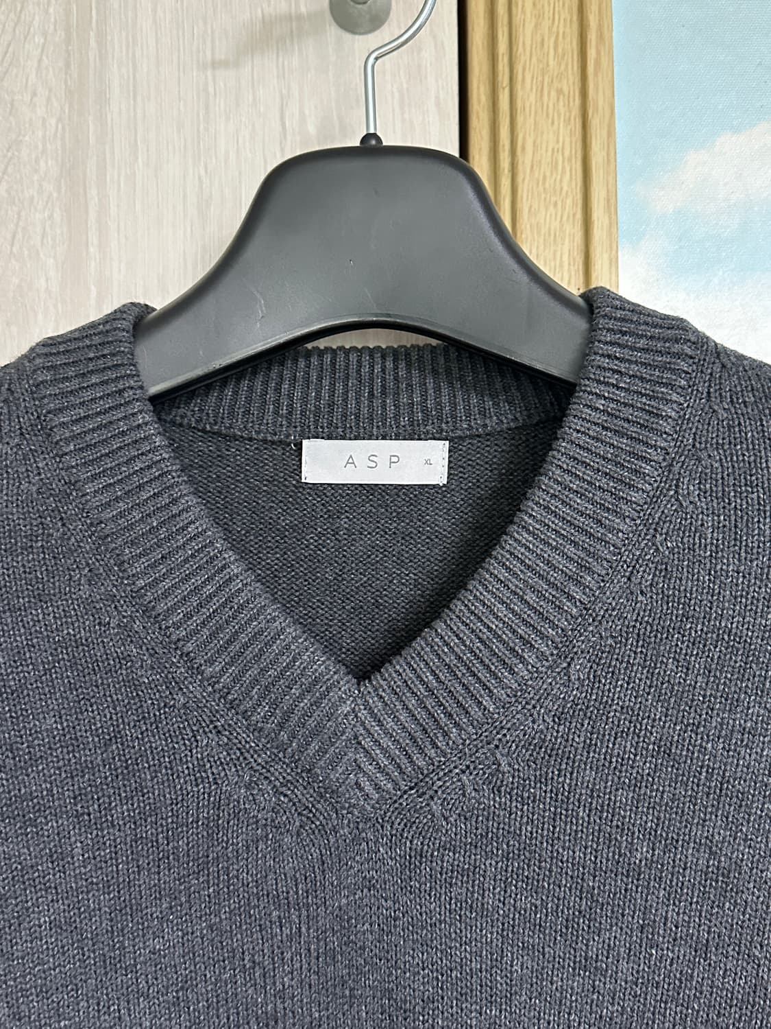 (XL) 애습 코튼 브이넥 니트 멜란지 차콜 상품이미지3