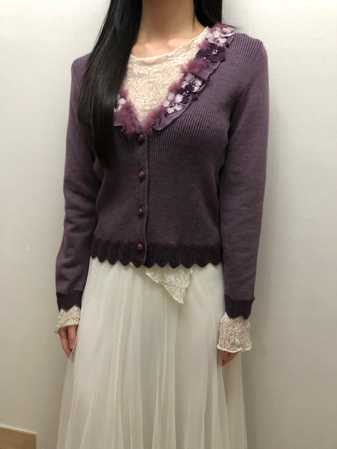 빈티지 퍼플 플라워 니트 가디건 상품이미지3