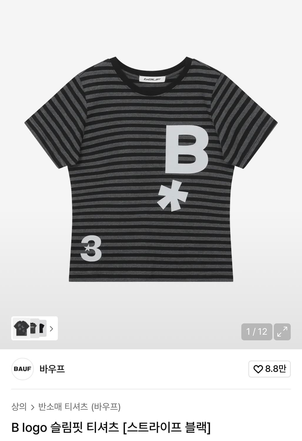 바우프 BAUF B logo 슬림핏 반팔 티셔츠 (스트라이프 블랙) 상품이미지1