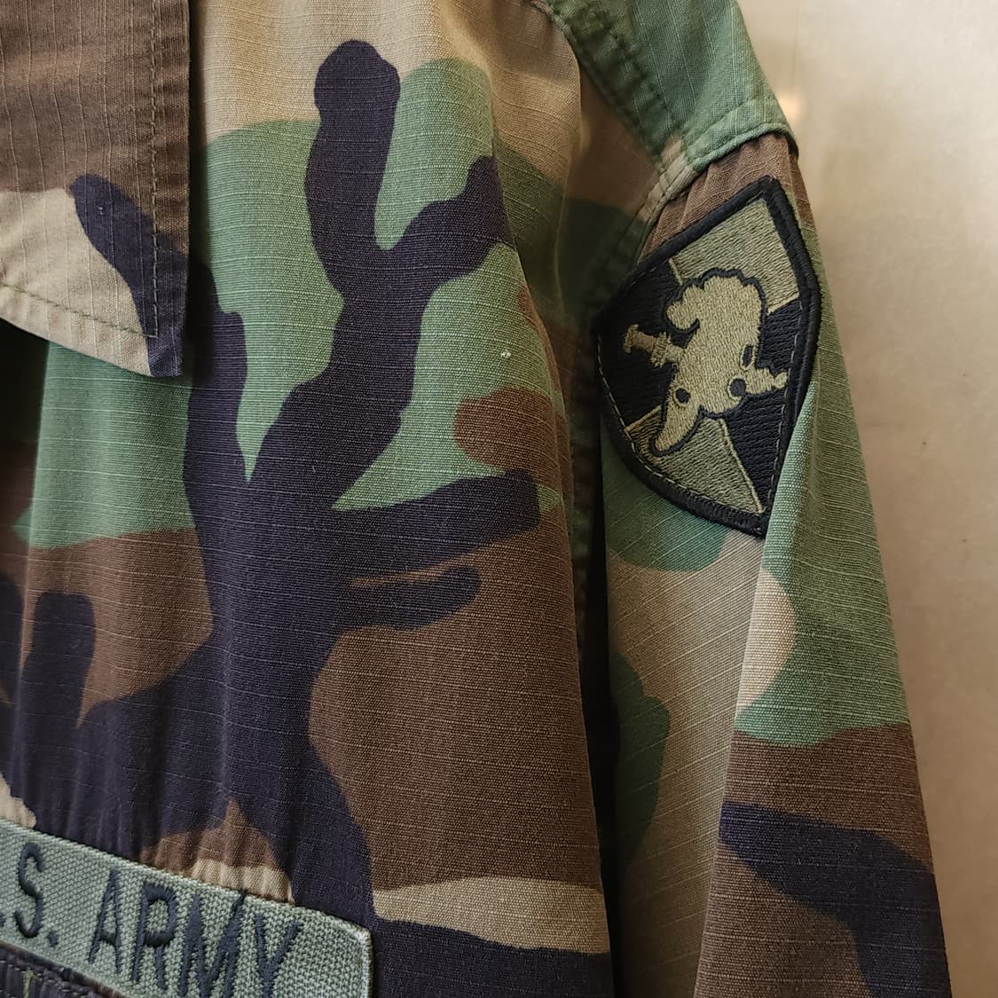 90s 미군 BDU 카모셔츠 우드랜드 라지 롱 부대패치 상품이미지5