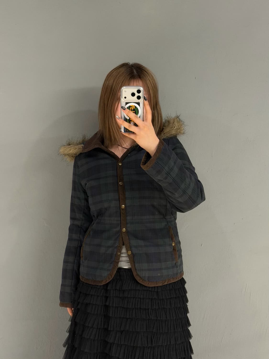 check pattern fur trimming jacket 상품이미지2