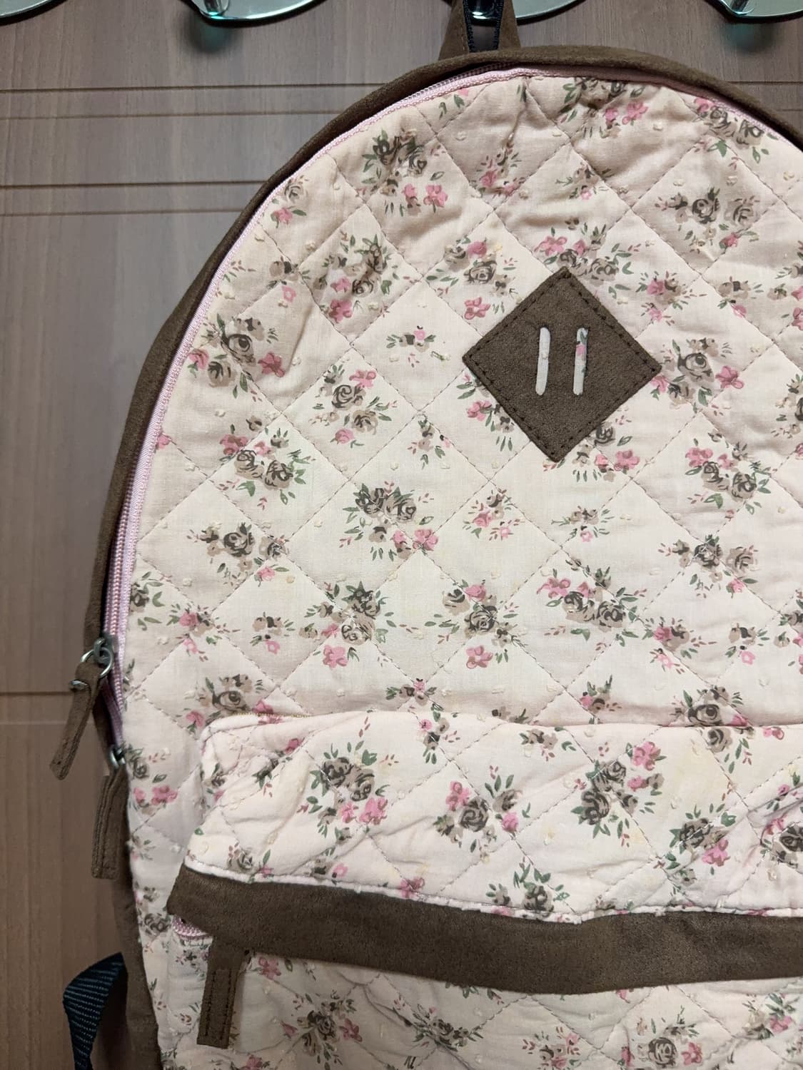 일본 빈티지 모리걸 퀄팅 플라워 핑크 베이지 도트 돼지코 백팩 모리 가방 상품이미지2