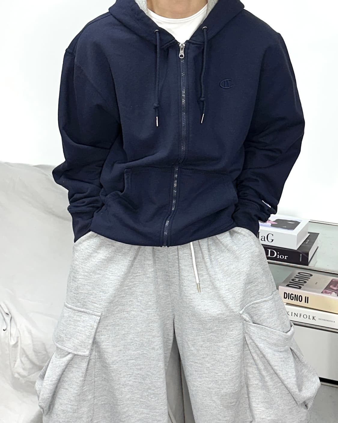 챔피온 네이비 스몰로고 어센틱 후드집업 L 상품이미지1