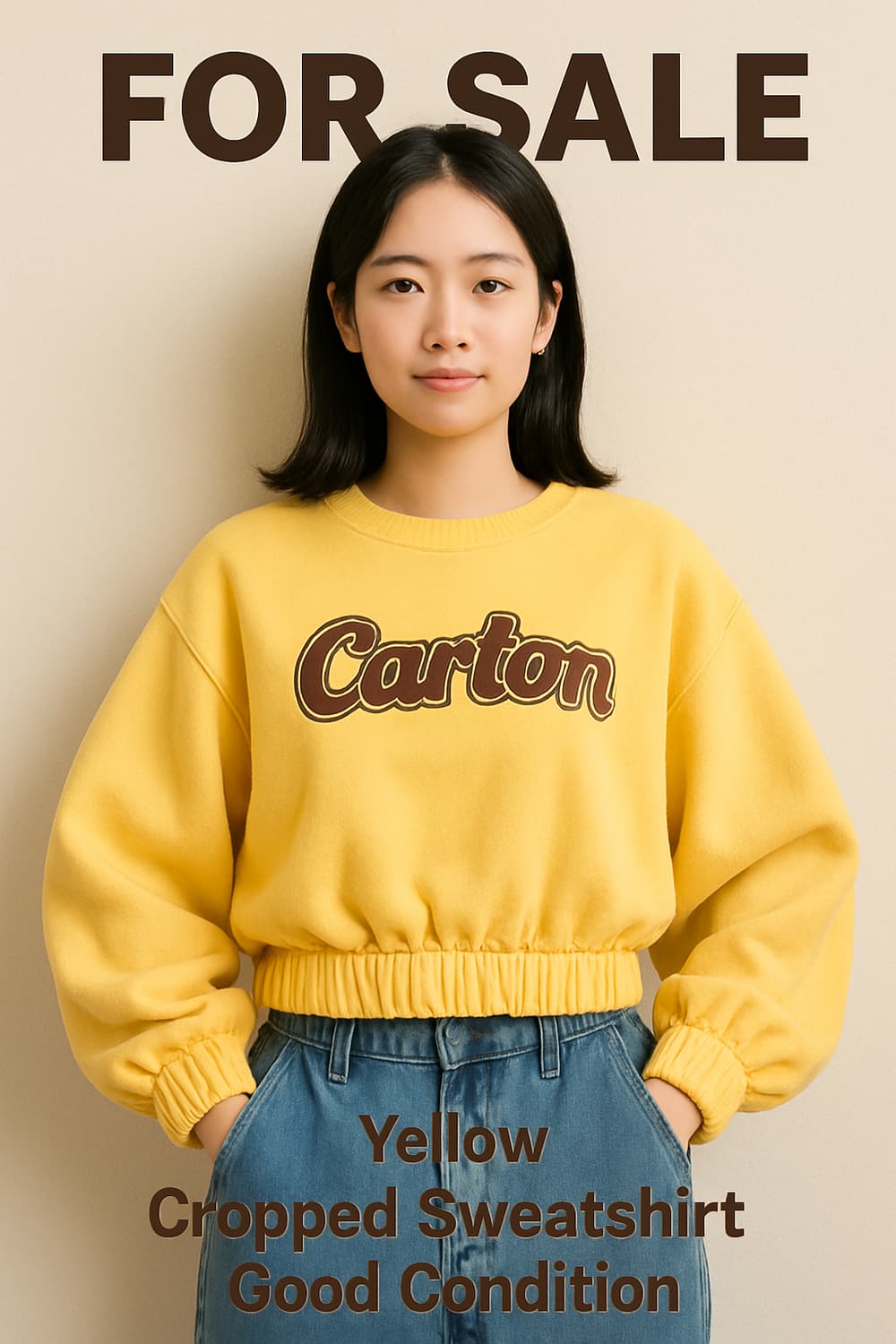 노랑색 귀여운 박시핏 가오리소매 셔링밴드 크롭 기모 맨투맨 44~55 상품이미지1