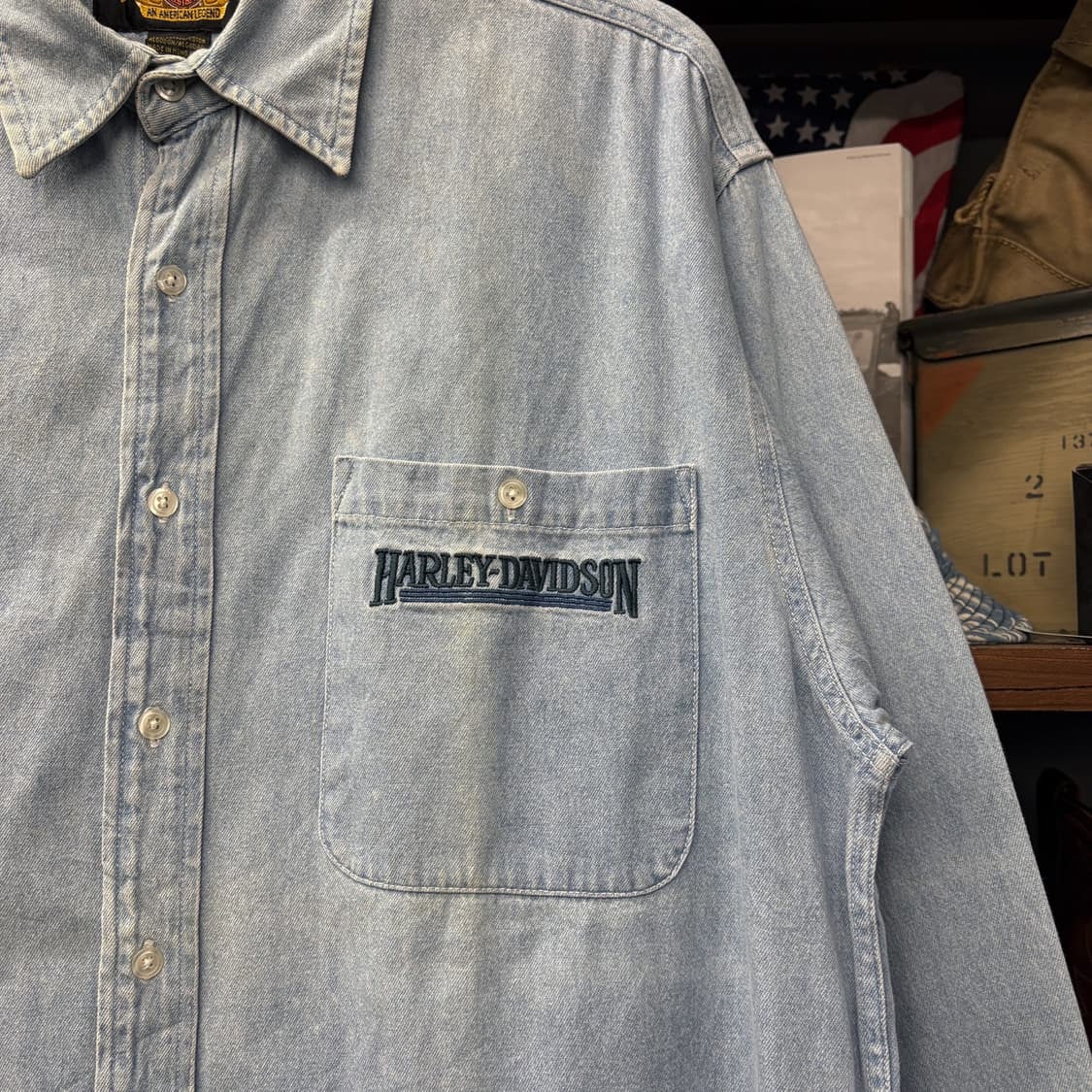 00s 할리데이비슨 클래식 레터링 패치 라이트워시 워크 데님셔츠 N282 상품이미지5