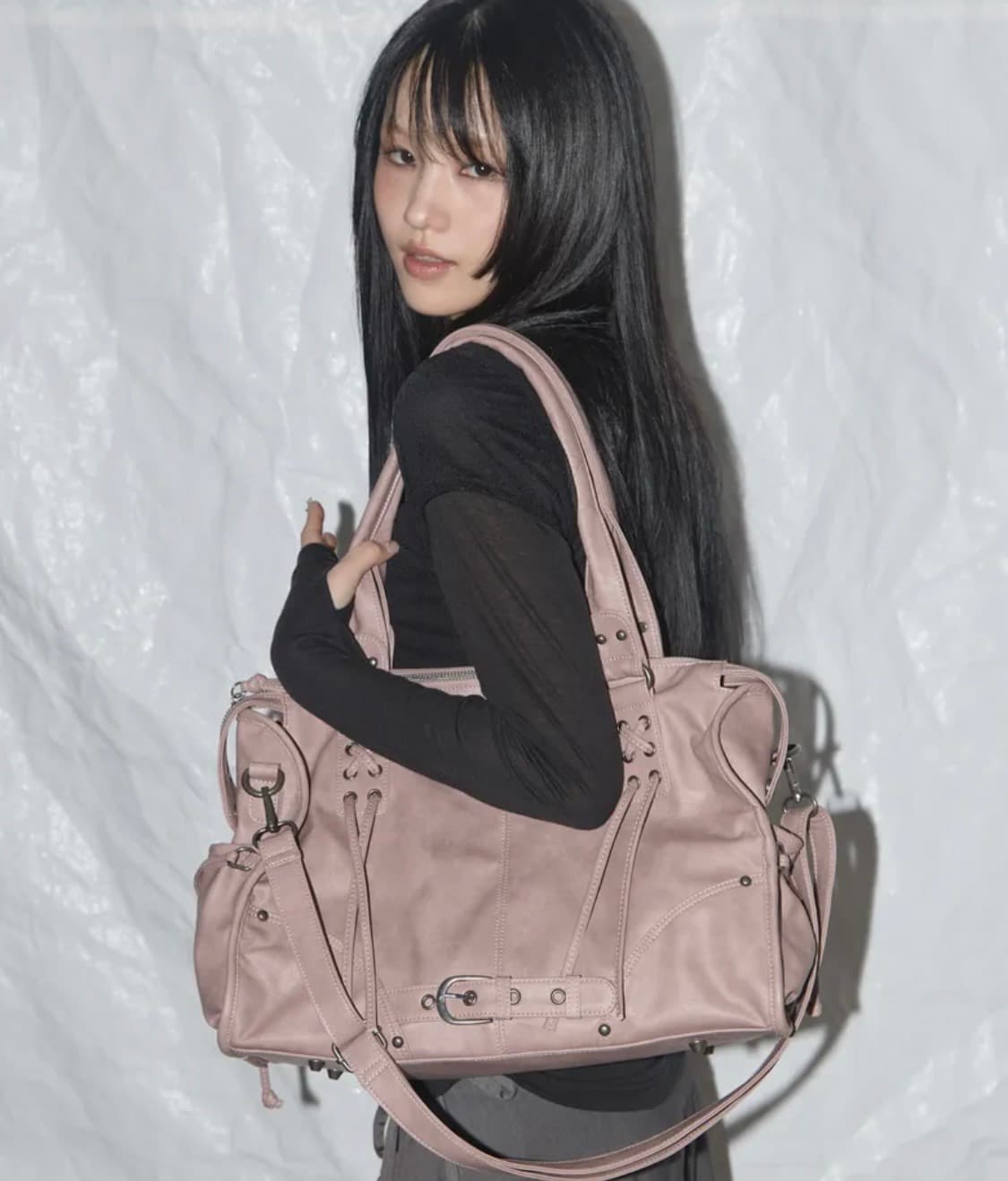 팬시클럽 벨티드 워싱 레더백 베이비 핑크 상품이미지1