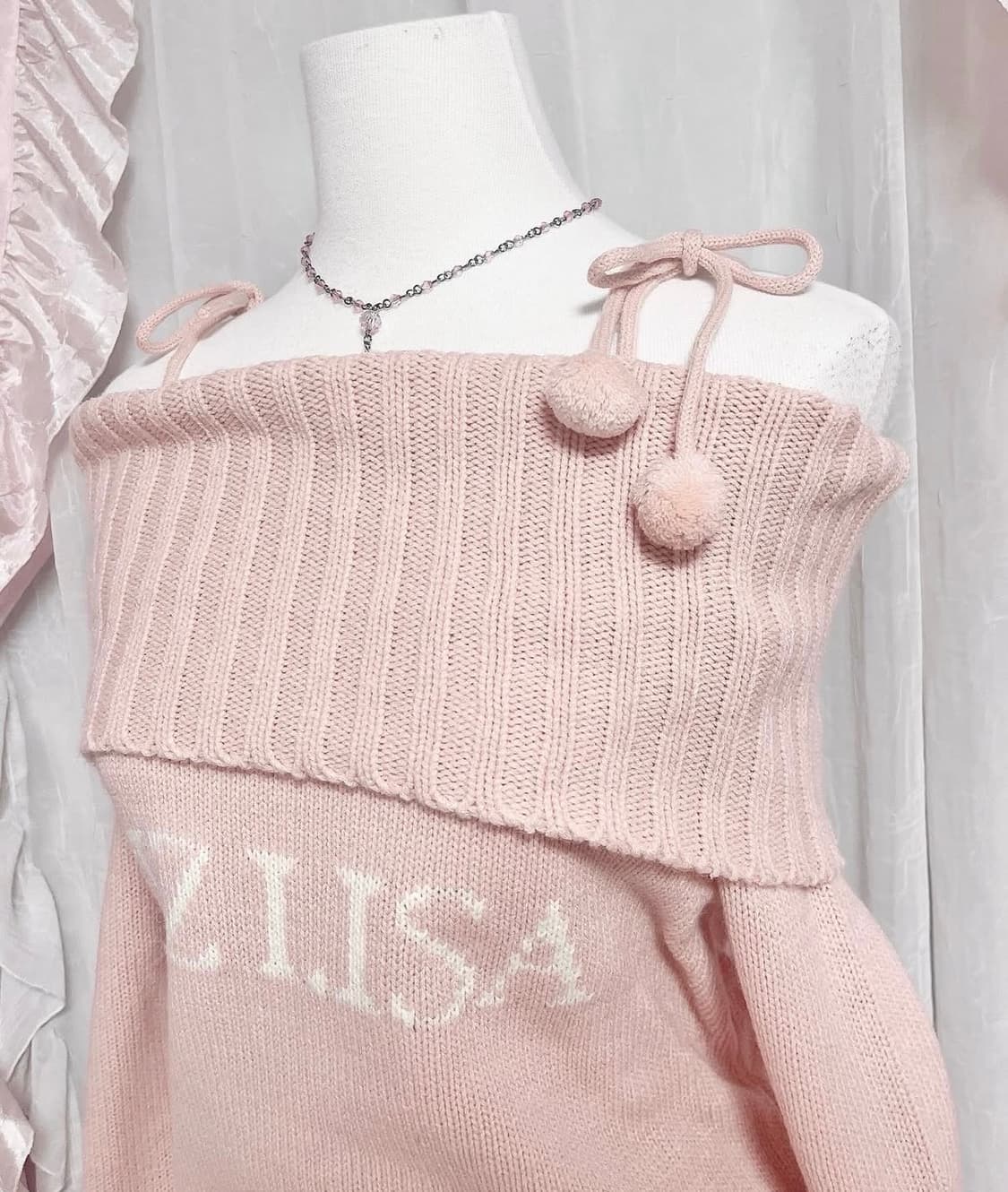 리즈리사 핑크 폼폼이 오프숄더 니트 라떼 히메 갸루 러블리 로걀 빈티지 상품이미지2