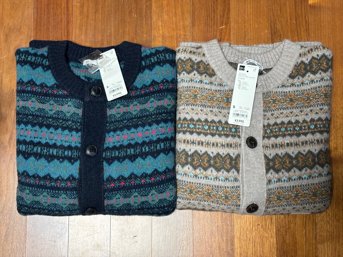 GU 지유 퍼프 니트 페어 아일 크루넥 가디건(베이지, 네이비) 상품이미지3