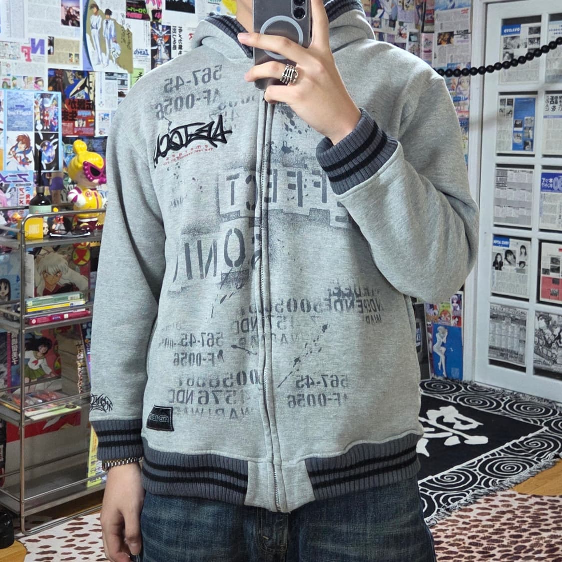 JPN 빈티지 자수 오버핏 그레이 기모 후드집업 상품이미지1