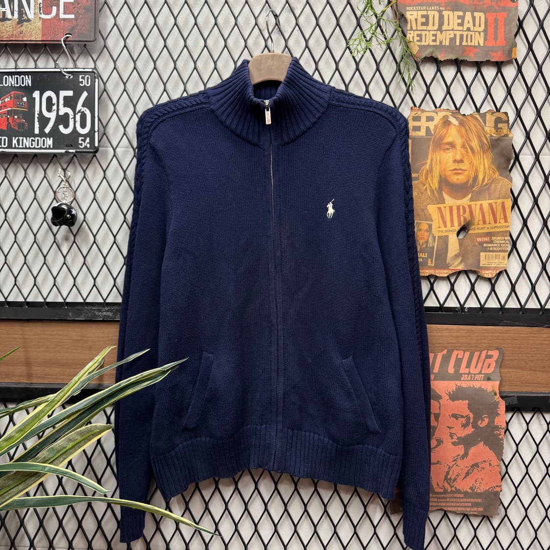 폴로 랄프로렌 케이블 니트 집업 화이트 포니 포인트 네이비 상품이미지1