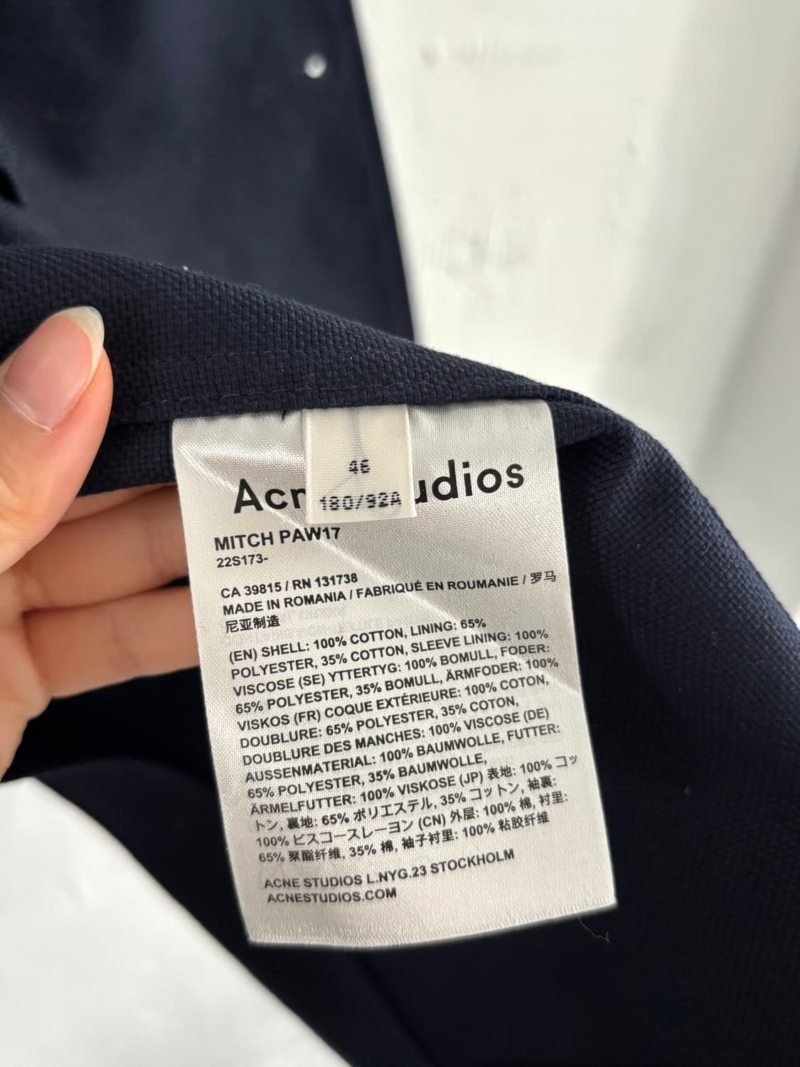 Acne Studios 아크네 스튜디오 코튼 네이비 싱글 블레이저 상품이미지7