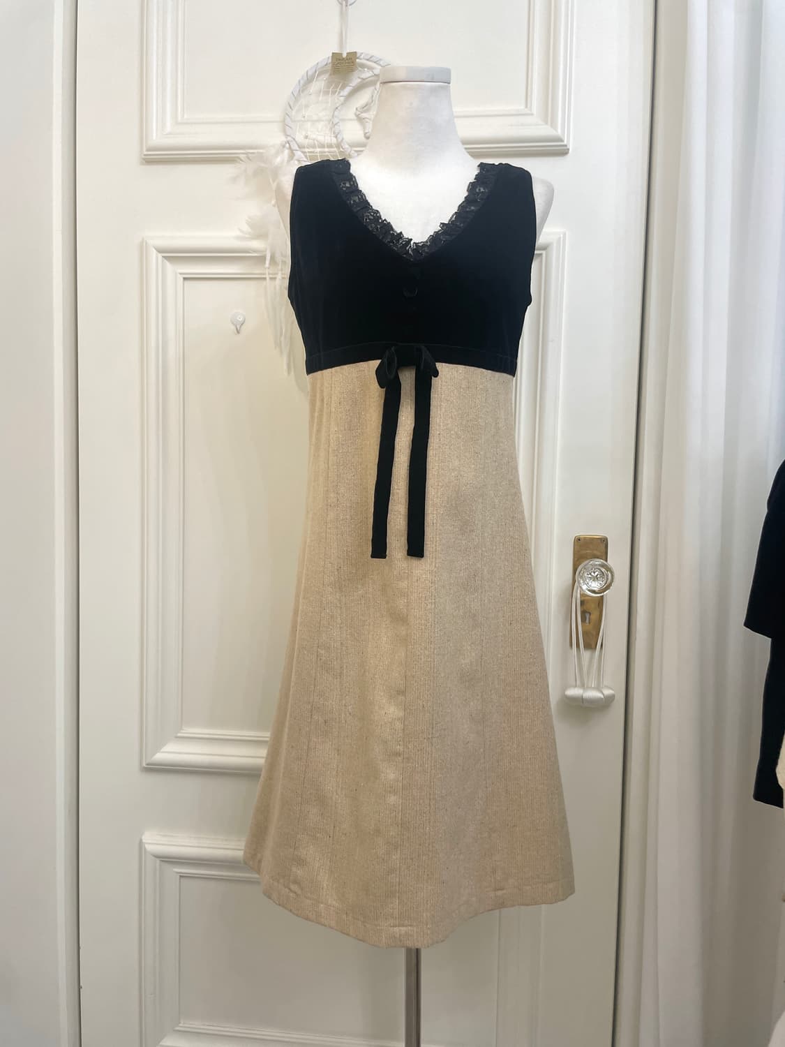 black velvet lace beige tweed bow point 상품이미지1