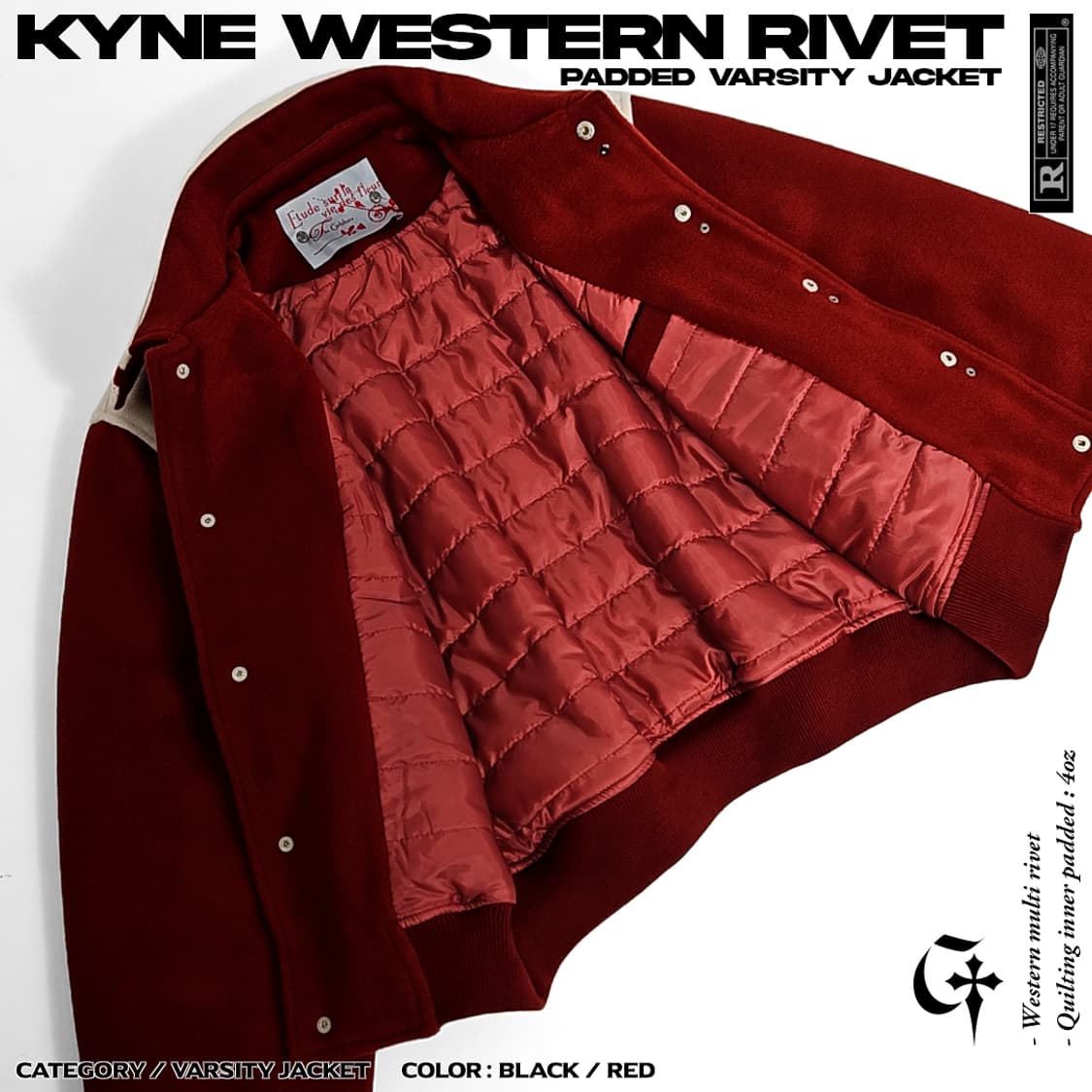 Kyne 웨스턴리벳 패딩 바시티자켓 (red) 상품이미지4