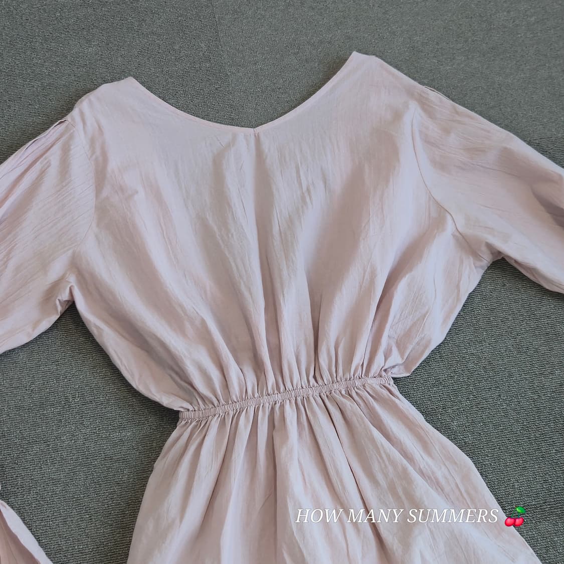 ​면 100% 연핑크 브이넥 리본 벨소매 블라우스 상품이미지5