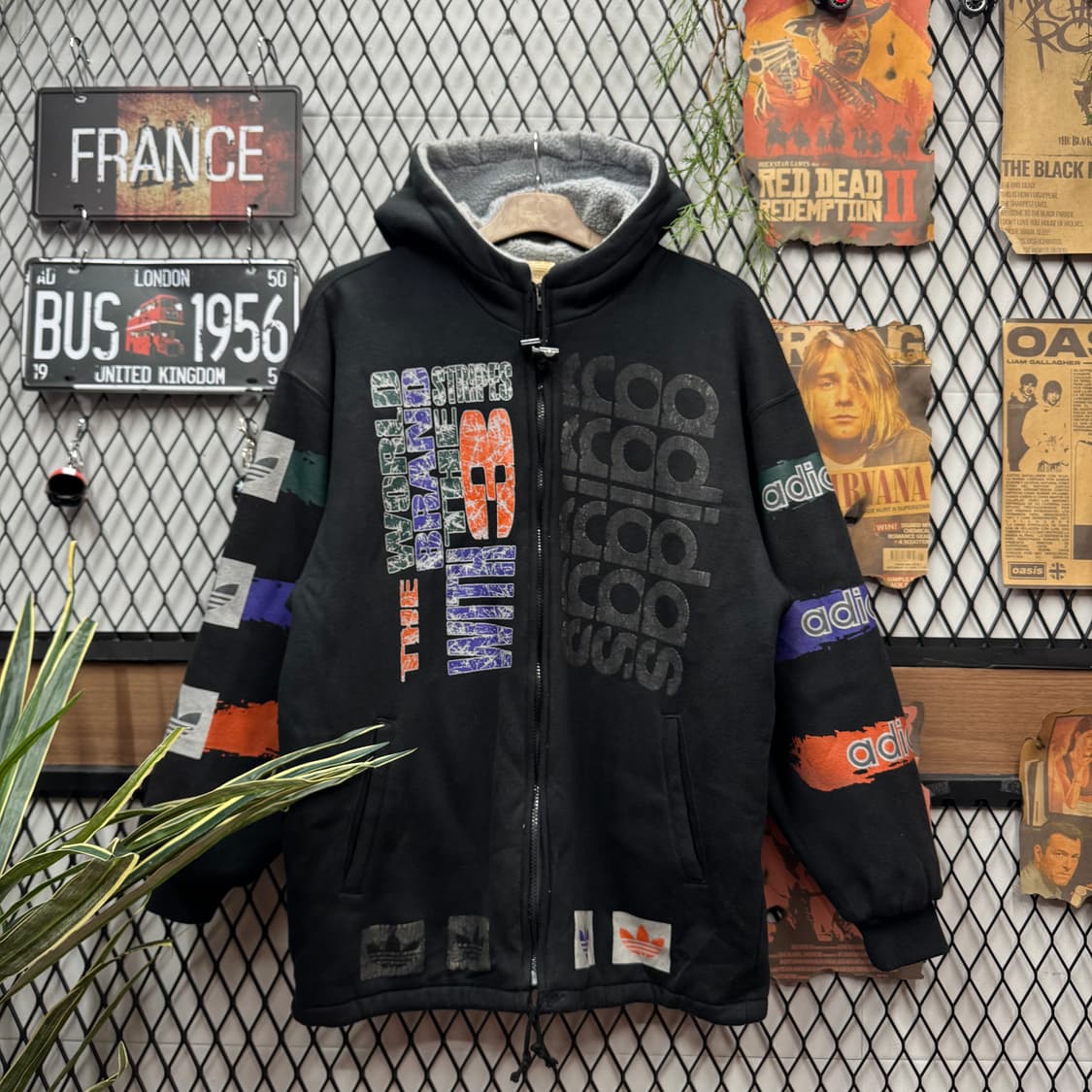 90s 아디다스 올드스쿨 양털 후드 집업 전면 로고플레이 포인트 블랙 상품이미지1