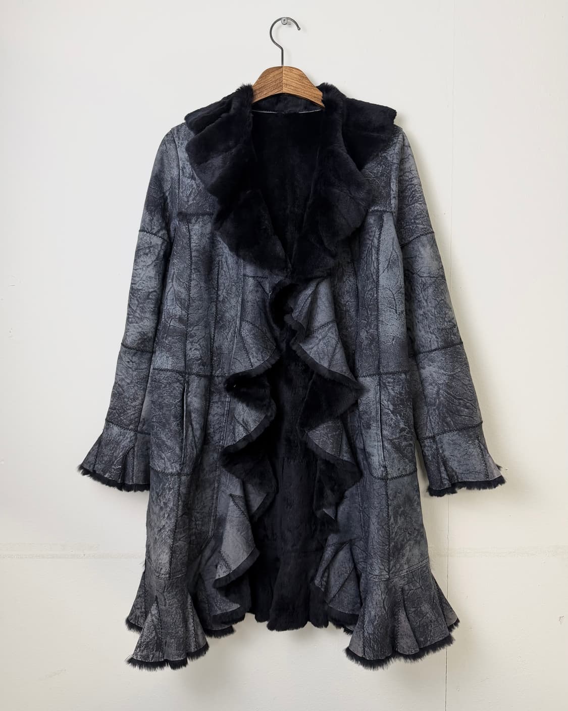 JPN 빈티지 블랙 래빗퍼 패치워크 코트 상품이미지1