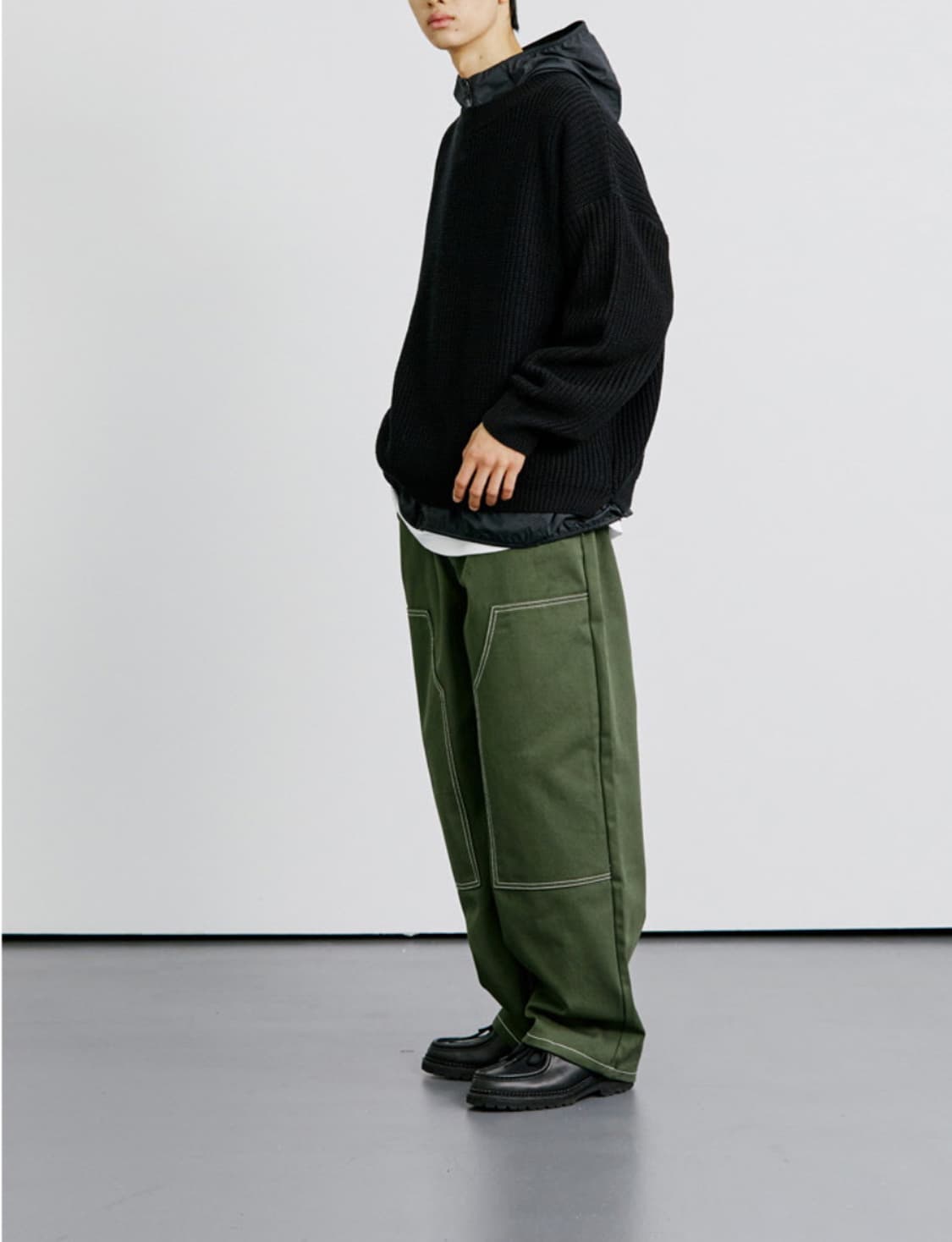 케이엔드 히로이 더블니 와이드 팬츠 카키 상품이미지8