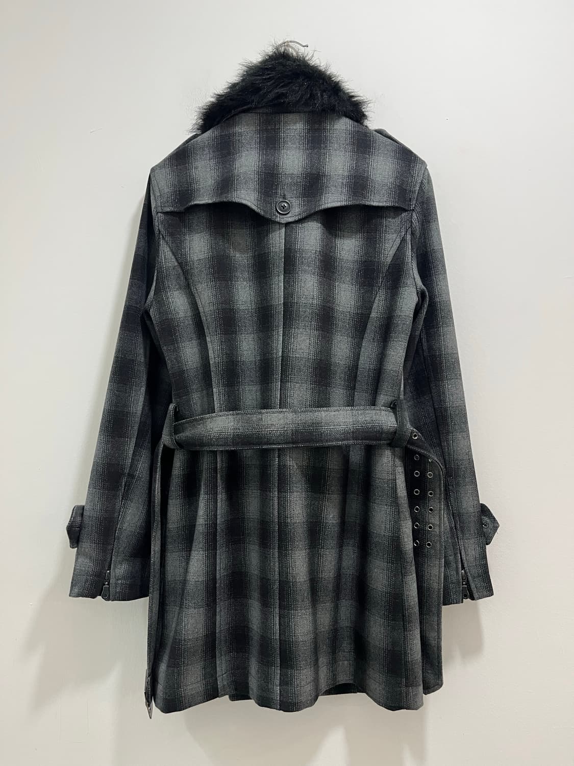 일본빈티지 Roshell 카라 퍼 차콜 체크 미디코트 상품이미지4