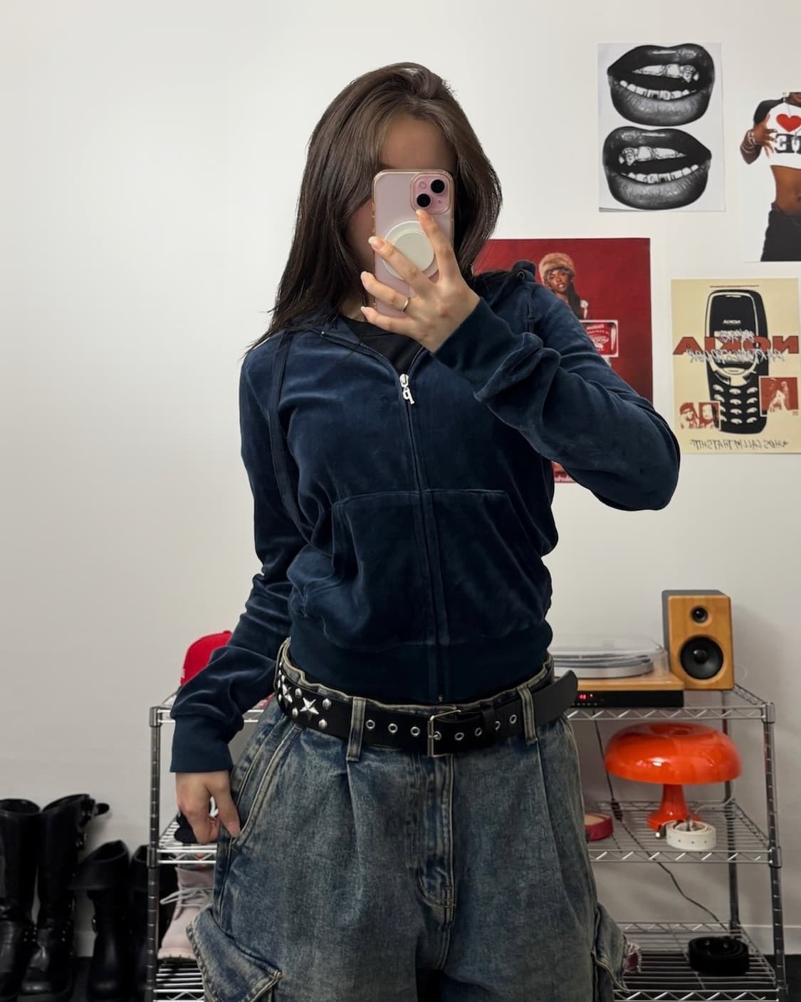 PINK 후드 스팽글 로고 벨벳 후드집업 상품이미지2
