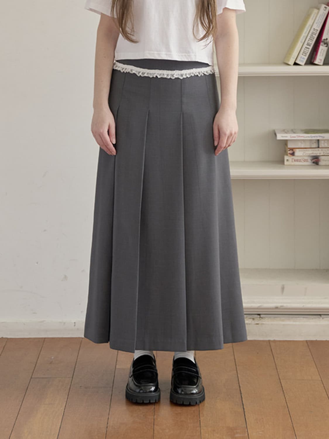 [1회 착용] 미에르꼴레스 레이스 플리츠 롱 스커트 그레이 회색 S 상품이미지1