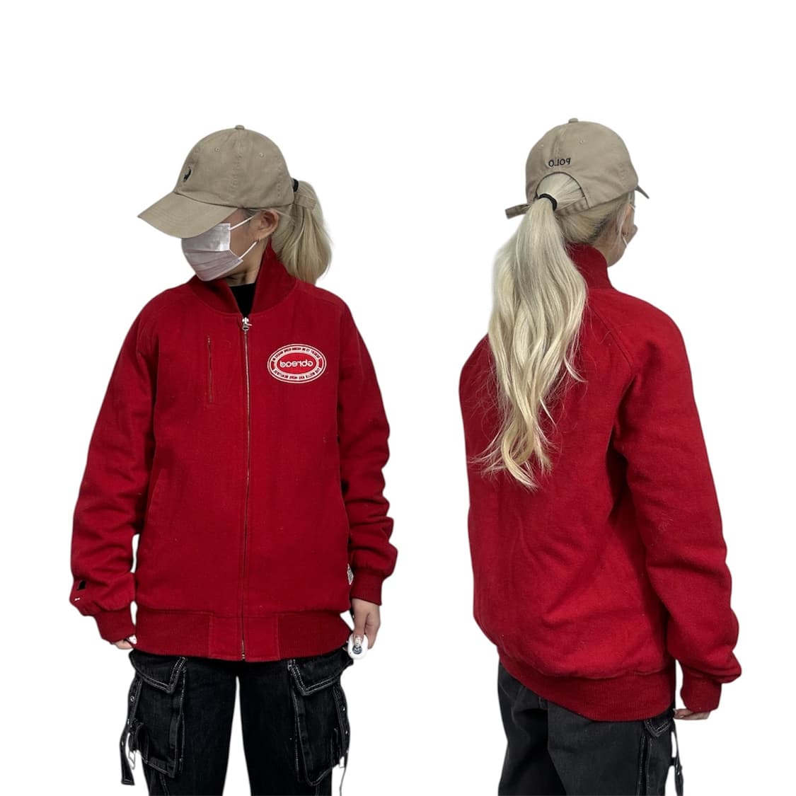 일본 빈티지 레드 모직 자수 바시티 자켓 L 상품이미지1