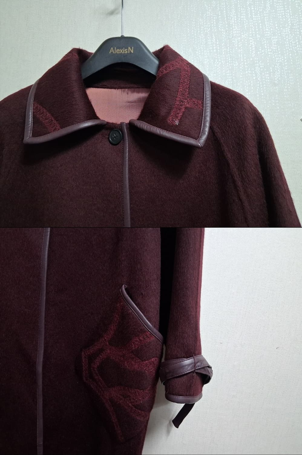 수입 낙타털 혼합 천연양가죽 배색 양모롱코트 와인 버건디칼라 새거 프리 상품이미지5
