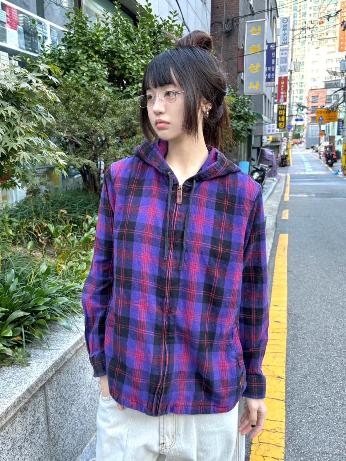 90s LL BEAN 퍼플 타탄체크 후드셔츠 상품이미지1