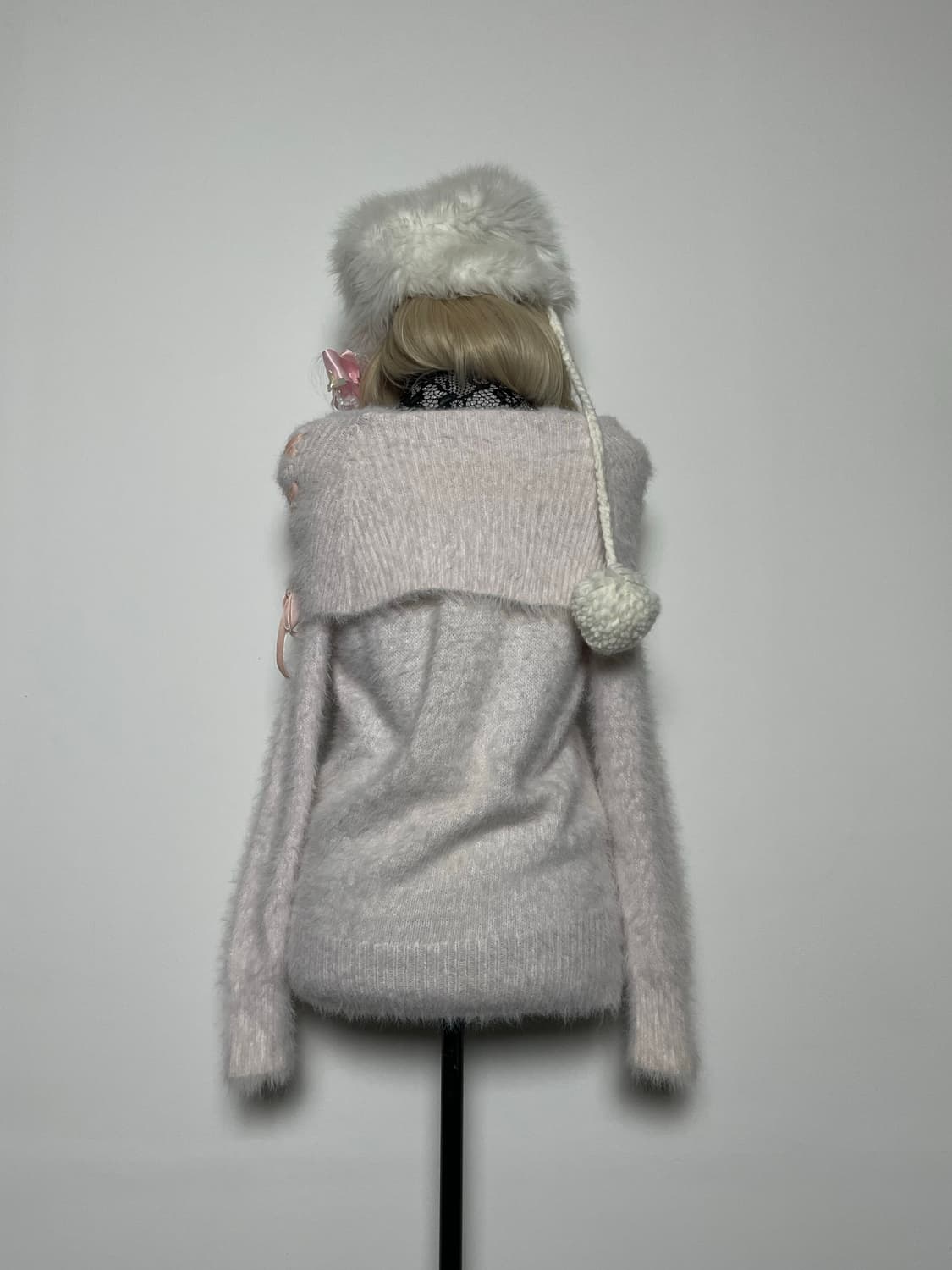 jpn 히메갸루 핑크 퍼 아일렛 리본 오프숄더 니트 상품이미지4