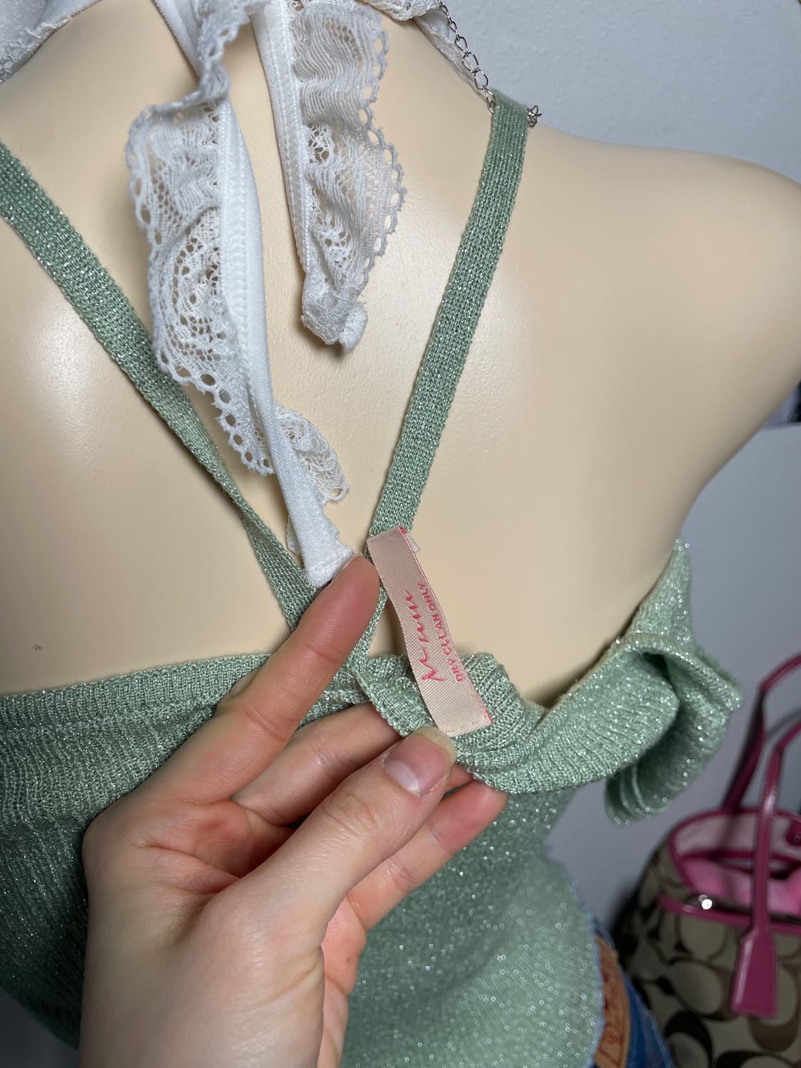 민트 그린 글리터 홀터 오프숄더 탑 상품이미지5