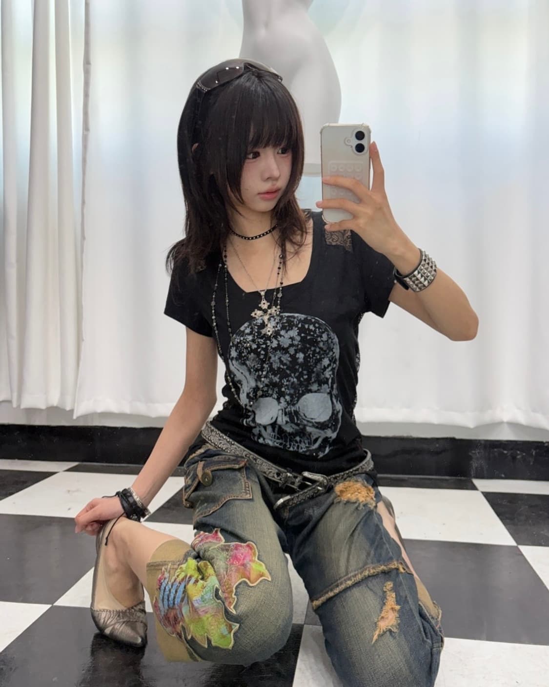🎸블랙 스컬 프린팅 레이스 디테일 티셔츠🎸 상품이미지2