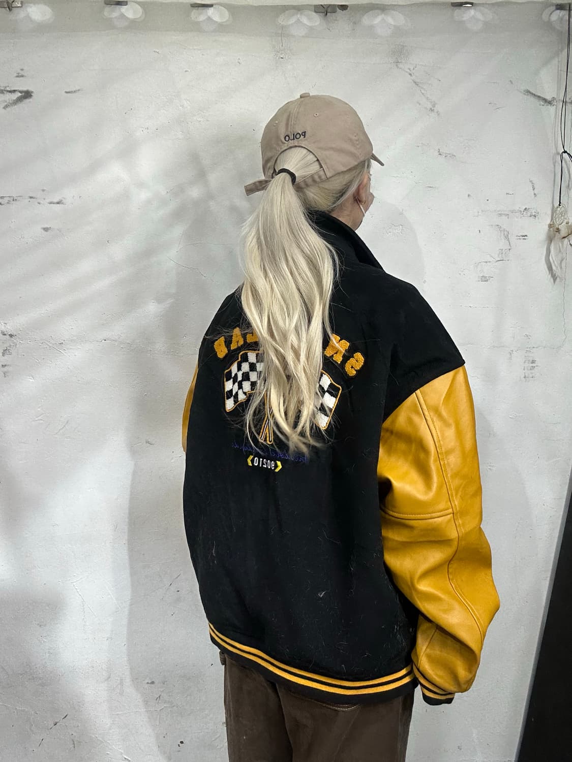 빈티지 블랙 옐로우 자수 빅 로고 레이싱 가죽 잠바 올드스쿨 자켓 XL 상품이미지3