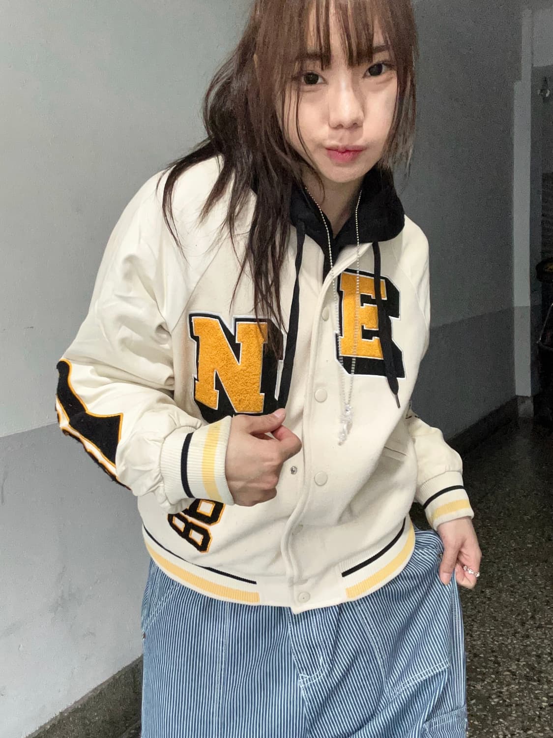 90s 올드스쿨 코지크림 레더 바시티 jk 상품이미지1