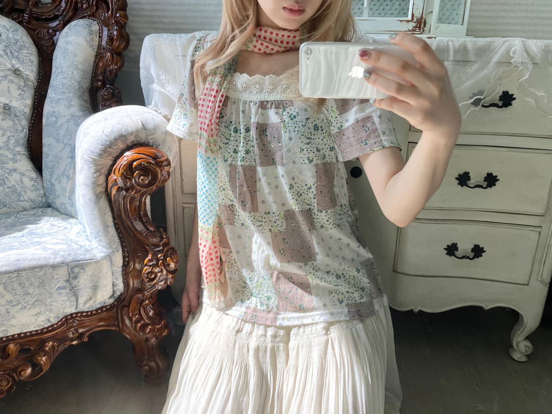 일본빈티지 패치워크 모리 잔꽃 레이스 펀칭 린넨 반팔 상품이미지1