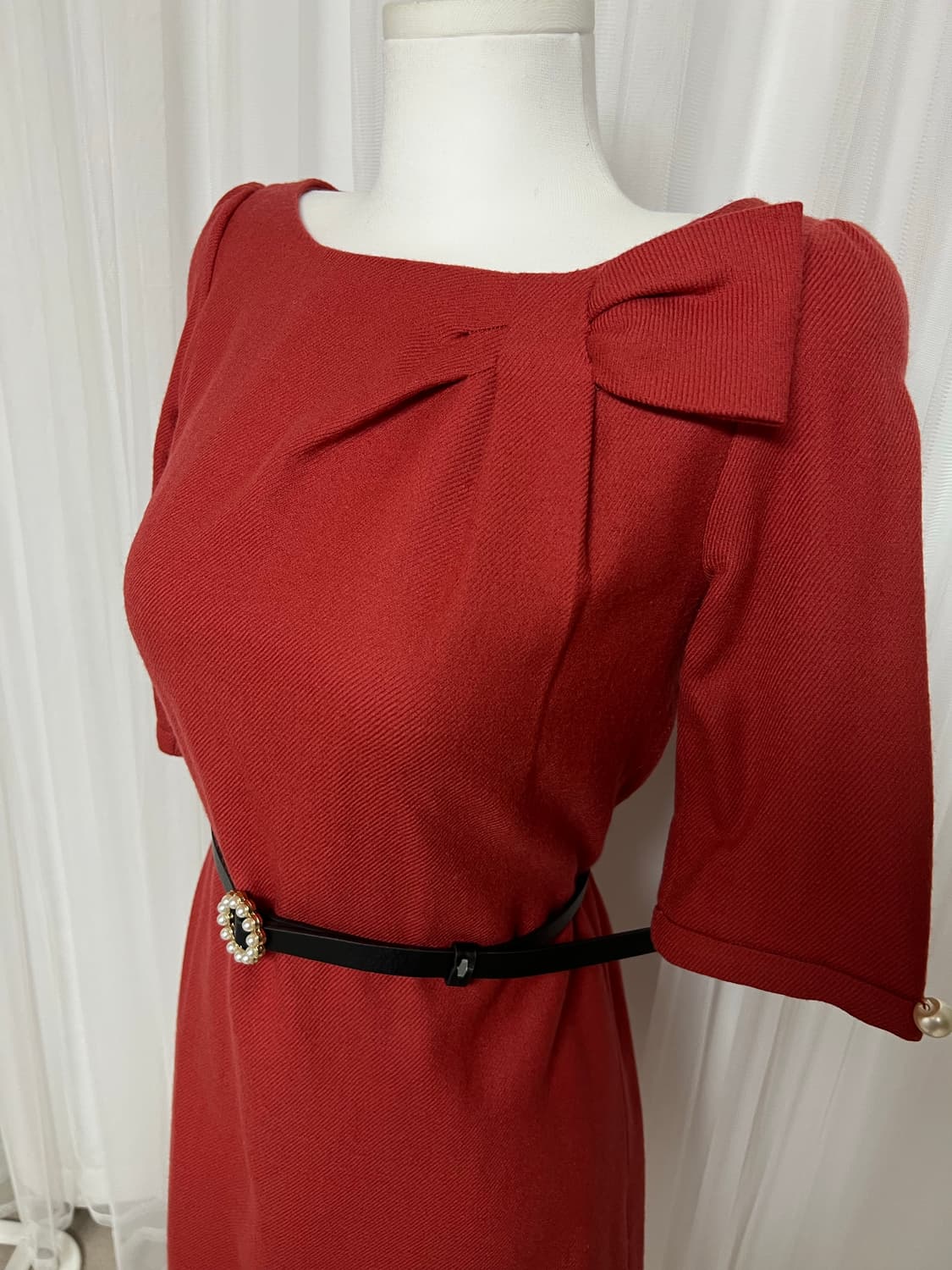 리본 포인트 딥레드 진주버튼 원피스 파티룩 상품이미지9