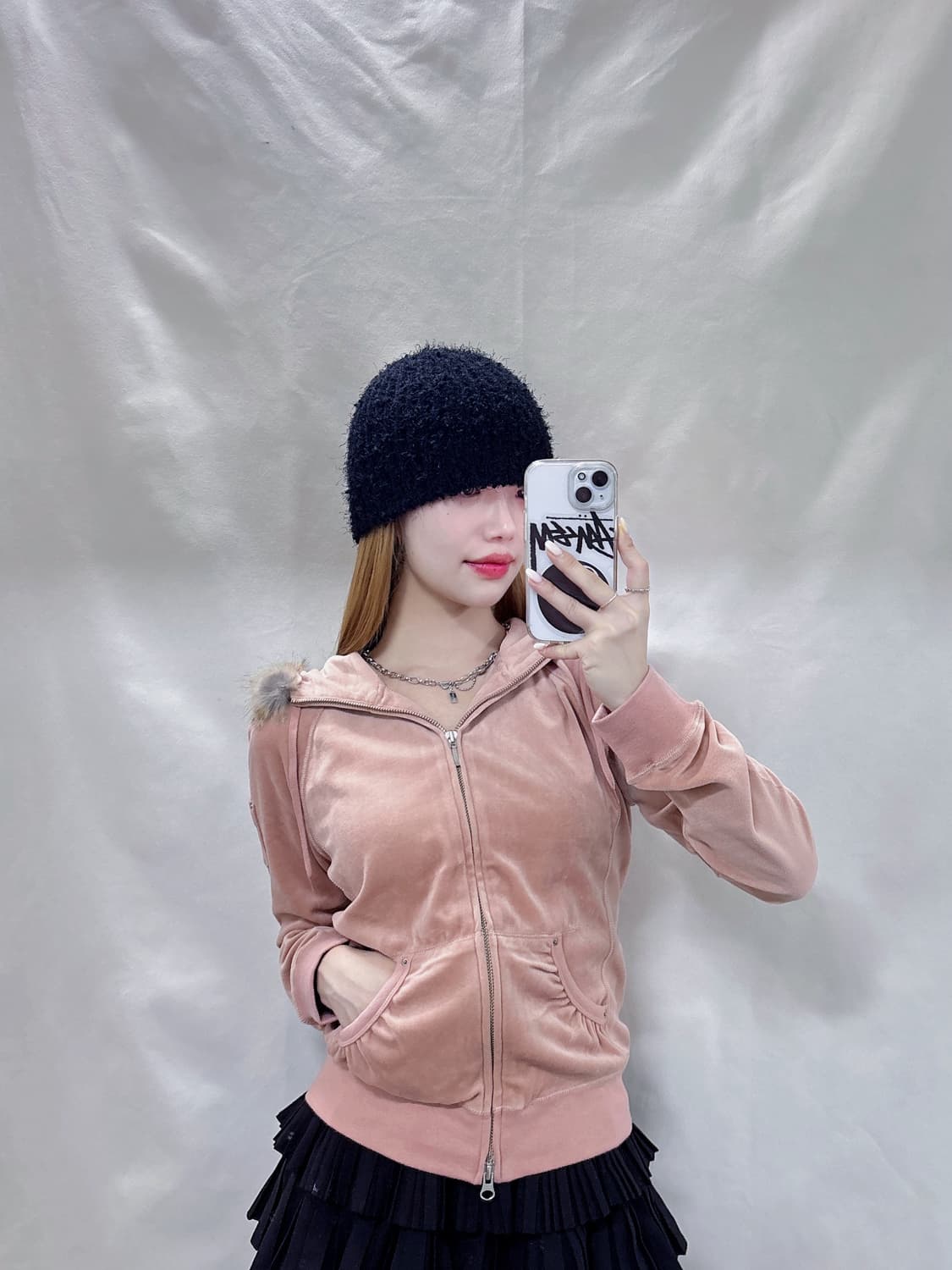 Y2K JAPAN 빈티지 뮤트핑크 벨벳 후드집업  상품이미지1